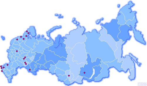 Карта России с часовыми поясами и нанесенными точками измерений